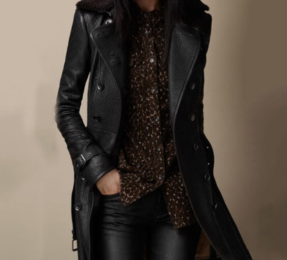 Manteau Trench Femme – Cuir Texturé – Coupe Cintrée – Double Boutonnage – Col Large