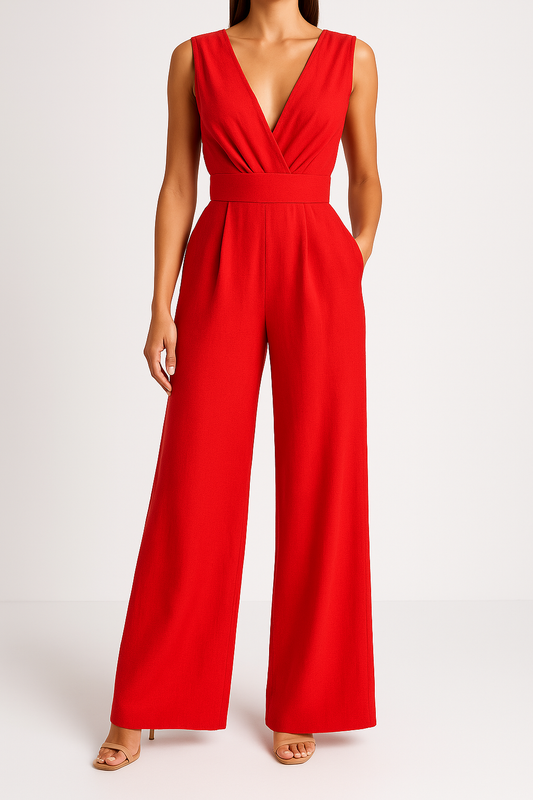 Combinaison Femme – Tissu Fluide Élégant – Taille Haute – Jambes Larges – Sans Manches