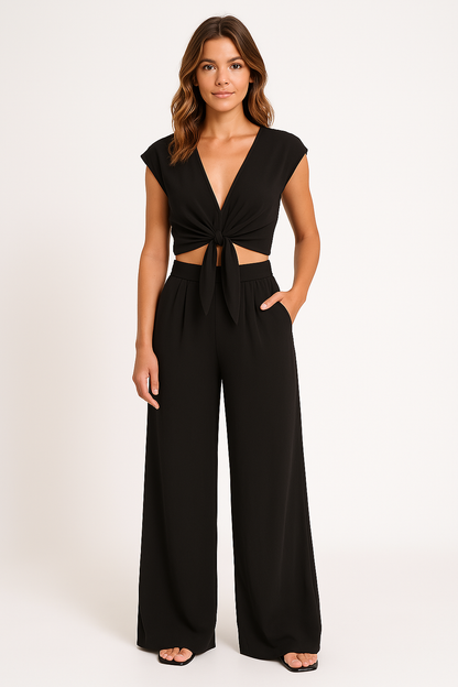 Ensemble Femme Deux Pièces – Haut Court Noué Col V – Pantalon Taille Haute Jambe Large