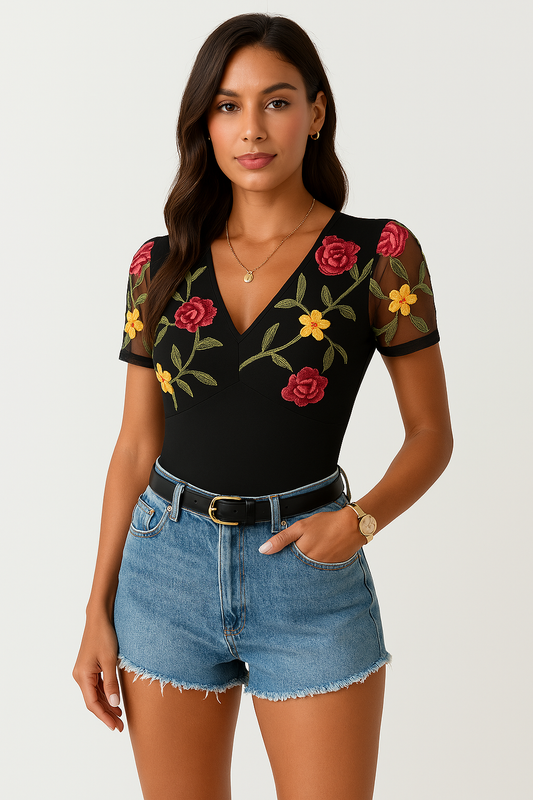 Body femme – Coupe ajustée – Manches courtes en tulle – Décolleté en V brodé