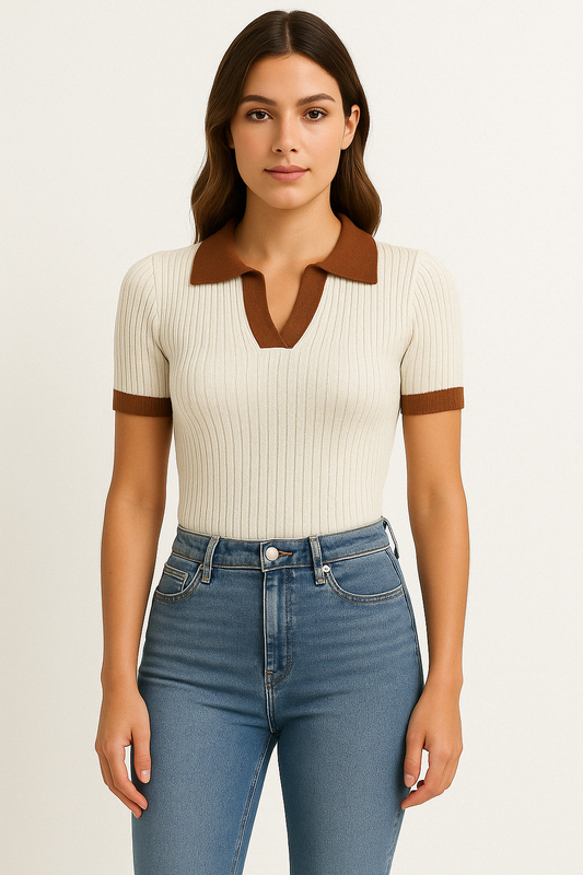 Polo femme en maille – Coupe slim – Texture côtelée – Manches courtes – Court