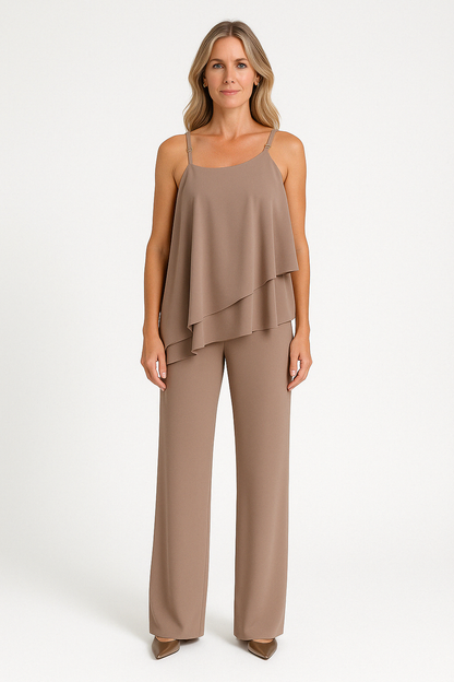 Ensemble Femme Deux Pièces – Haut Asymétrique Drapé Sans Manches – Pantalon Droit Ajusté