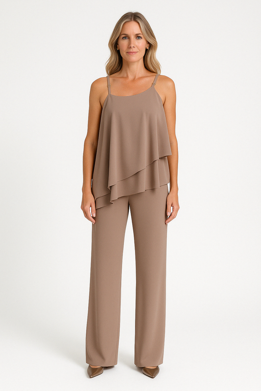 Ensemble Femme Deux Pièces – Haut Asymétrique Drapé Sans Manches – Pantalon Droit Ajusté