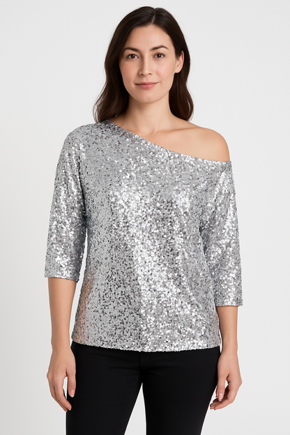Top femme à paillettes – Coupe décontractée – Épaules dénudées – Manches mi-longues