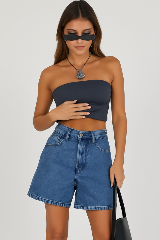 Short en jean femme – Coupe décontractée – Taille mi-haute – 5 poches – Longueur mi-cuisse