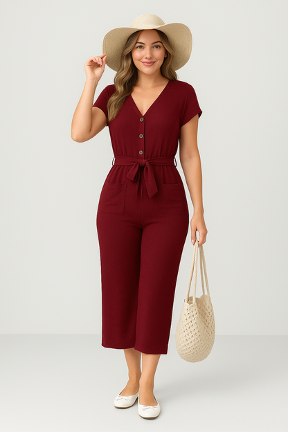 Combinaison Femme – Coton Léger – Coupe Ample – Manches Courtes – Ceinture – Boutonnée