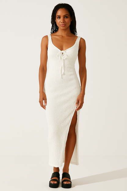 Robe Longue Femme – Coupe Slim – Dos Nu – Nœud Frontal – Fente Haute