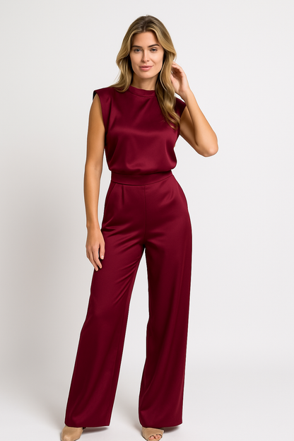 Combinaison Femme – Satin Fluide – Dos Nu – Jambe Large – Col Montant – Sans Manches