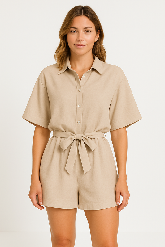 Combinaison courte femme – Manches courtes – Taille ceinturée – Tissu léger respirant