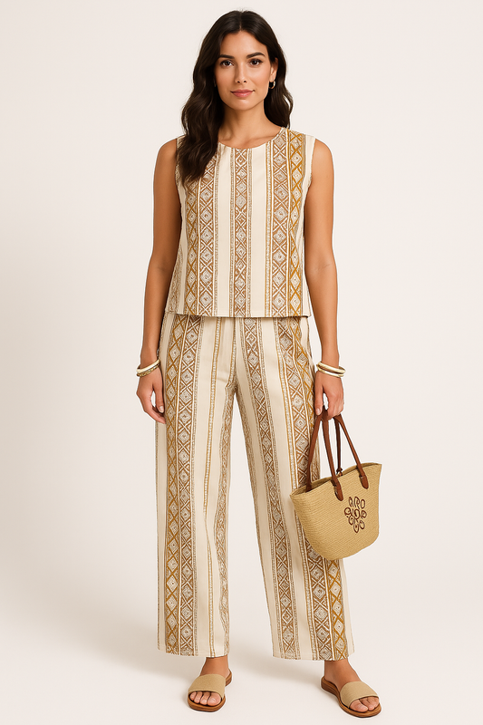 Ensemble Femme Débardeur et Pantalon Large – Taille Haute – Imprimé Géométrique – Coupe Décontractée