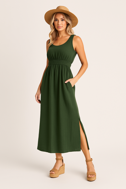 Robe Femme Sans Manches – Coupe Évasée – Tissu Respirant – Longueur Midi