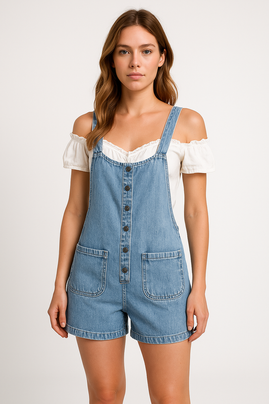 Salopette short femme – Denim léger – Coupe ample – Bretelles réglables – Boutons frontaux