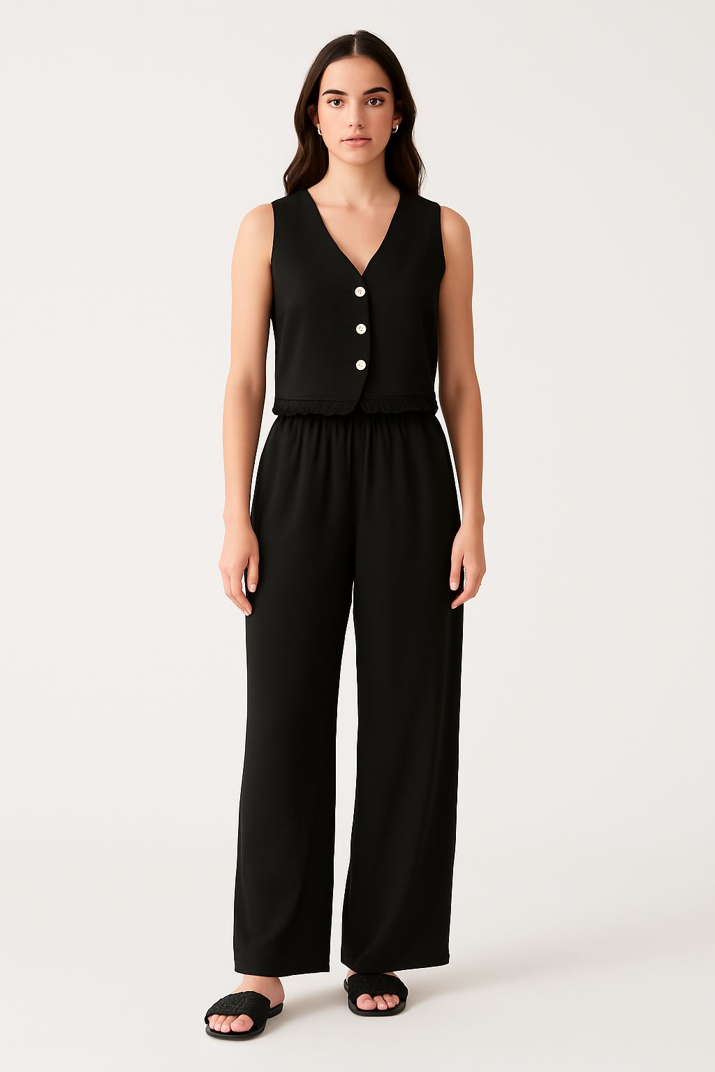 Ensemble Femme Gilet et Pantalon Large – Coupe Ajustée – Détail Dentelle – Tissu Léger Respirant