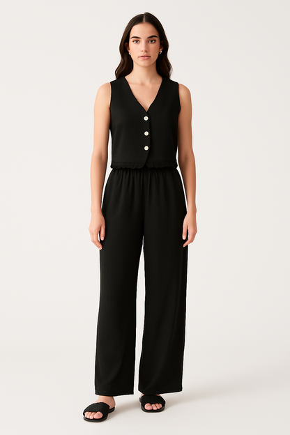Ensemble Femme Gilet et Pantalon Large – Coupe Ajustée – Détail Dentelle – Tissu Léger Respirant