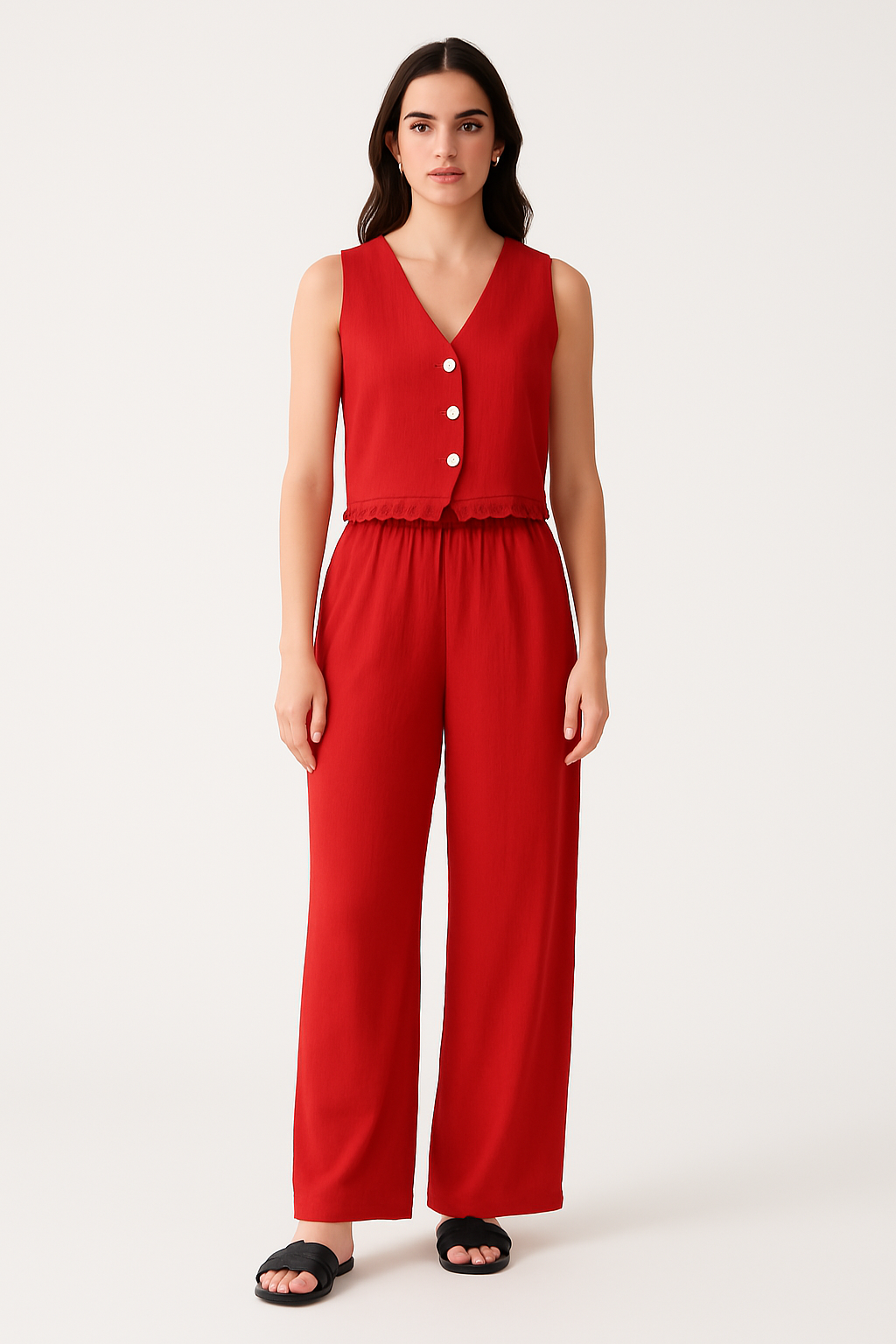 Ensemble Femme Gilet et Pantalon Large – Coupe Ajustée – Détail Dentelle – Tissu Léger Respirant