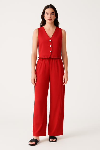 Ensemble Femme Gilet et Pantalon Large – Coupe Ajustée – Détail Dentelle – Tissu Léger Respirant