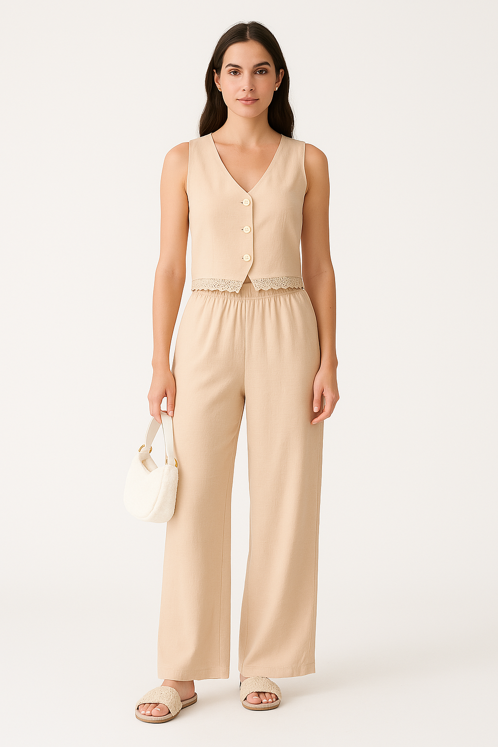 Ensemble Femme Gilet et Pantalon Large – Coupe Ajustée – Détail Dentelle – Tissu Léger Respirant