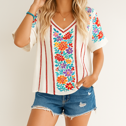 T-shirt col V femme – Coupe ample – Coton respirant – Imprimé floral élégant