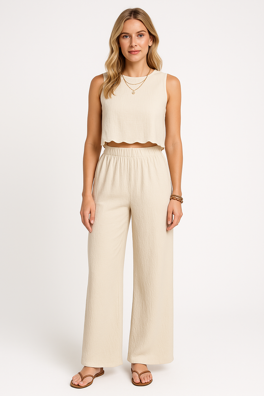 Pantalon femme large – Tissu léger froissé – Coupe ample – Taille élastique