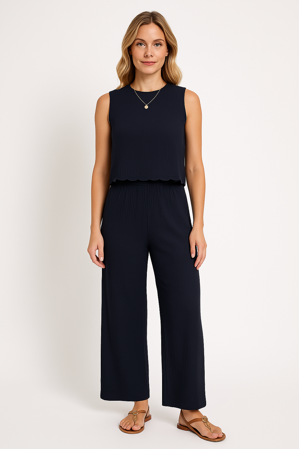 Pantalon femme large – Tissu léger froissé – Coupe ample – Taille élastique