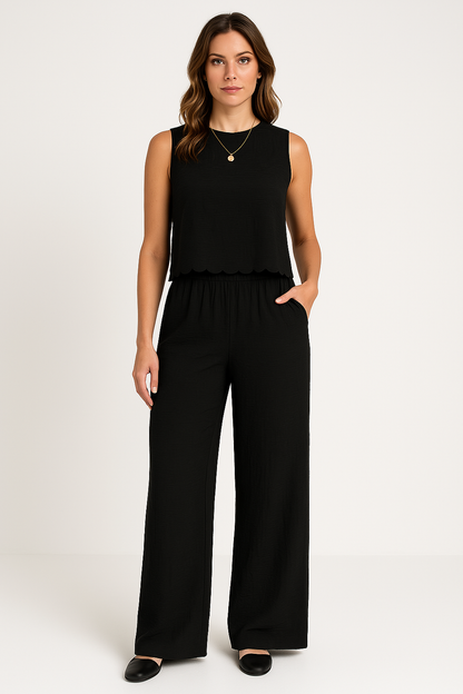 Pantalon femme large – Tissu léger froissé – Coupe ample – Taille élastique