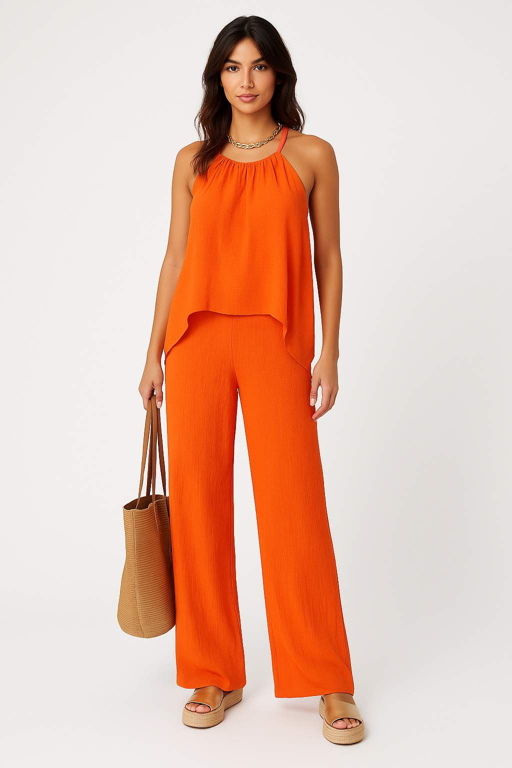 Ensemble Femme Haut Dos Nu Asymétrique – Pantalon Large – Tissu Léger Respirant