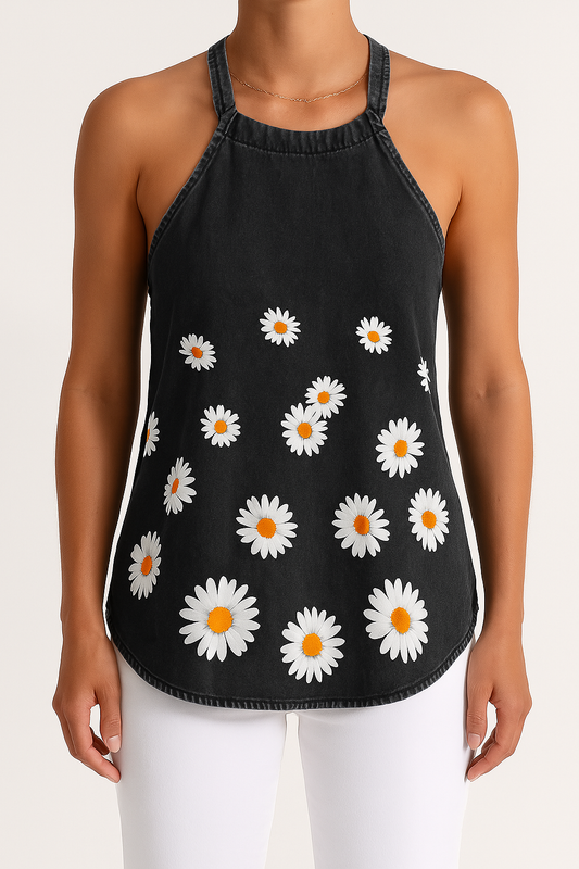 Top caraco femme – Denim léger – Coupe ample – Bretelles fines – Imprimé marguerites
