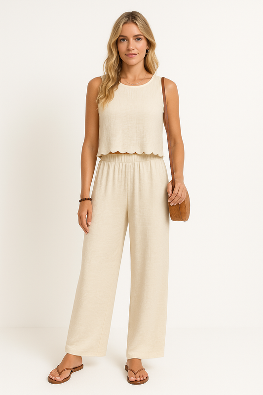 Ensemble Femme Débardeur Court et Pantalon Large – Tissu Léger – Coupe Décontractée