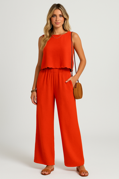 Ensemble Femme Débardeur Court et Pantalon Large – Tissu Léger – Coupe Décontractée