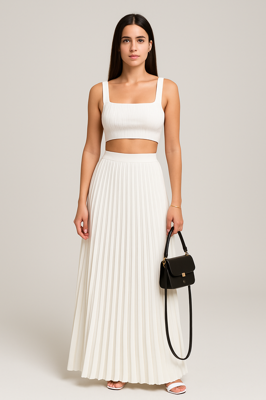 Ensemble Femme Débardeur Côtelé Court – Coupe Slim – Jupe Longue Plissée Fluide