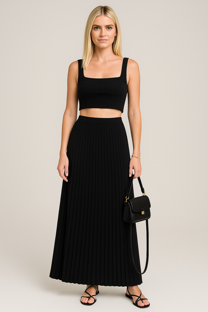 Ensemble Femme Débardeur Côtelé Court – Coupe Slim – Jupe Longue Plissée Fluide