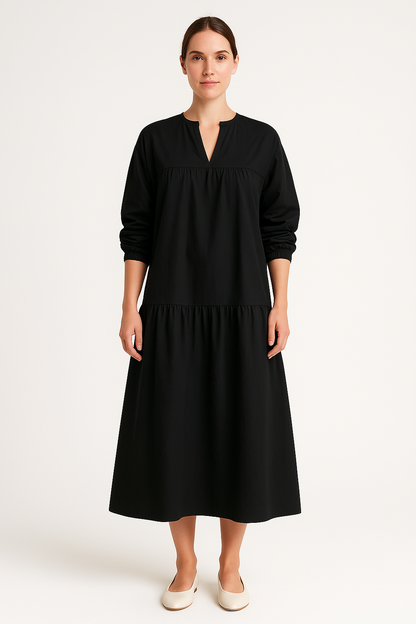 Robe longue femme – Coton lin – Coupe ample – Manches bouffantes – Col en V