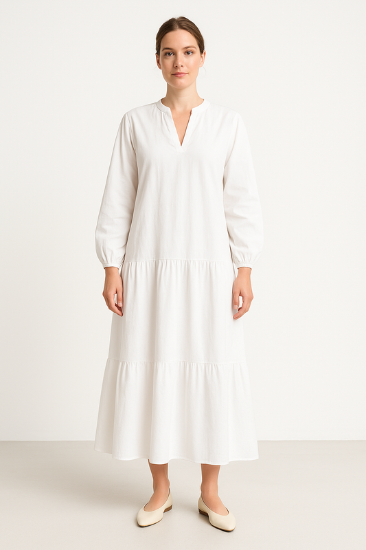 Robe longue femme – Coton lin – Coupe ample – Manches bouffantes – Col en V