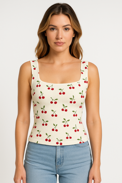 Top court femme – Coupe ajustée – Encolure carrée – Imprimé fleuri – Coton léger