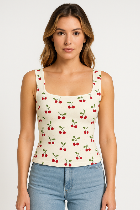 Top court femme – Coupe ajustée – Encolure carrée – Imprimé fleuri – Coton léger