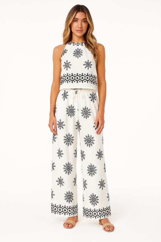 Ensemble Femme Deux Pièces – Haut Court Sans Manches Brodé – Pantalon Large Taille Haute