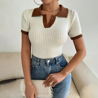 Polo femme en maille – Coupe slim – Texture côtelée – Manches courtes – Court