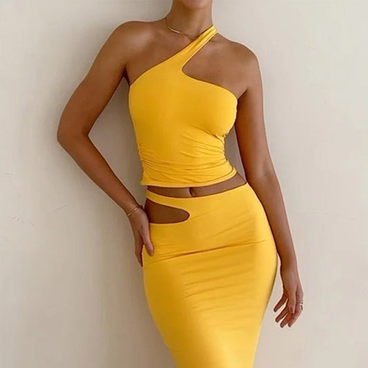 Ensemble Femme Deux Pièces – Coupe Slim – Top Asymétrique – Jupe Midi Découpe