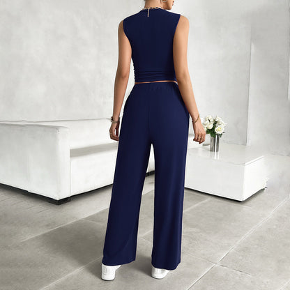 Ensemble Femme 2 Pièces – Crop Top Sans Manches – Pantalon Large Taille Haute