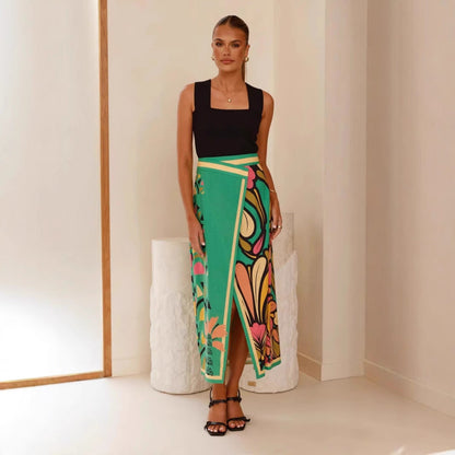 Jupe Midi Femme – Coupe Slim – Taille Haute – Fente Frontale – Imprimé Abstrait