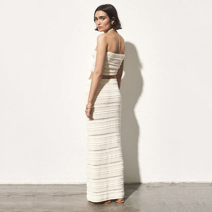 Ensemble Deux Pièces Femme – Crochet Respirant – Coupe Slim – Top Bandeau et Jupe Midi
