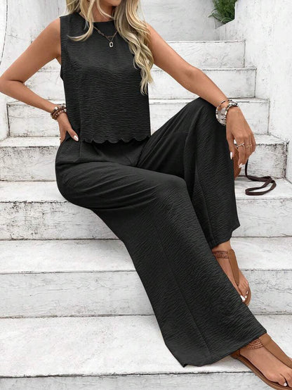 Pantalon femme large – Tissu léger froissé – Coupe ample – Taille élastique