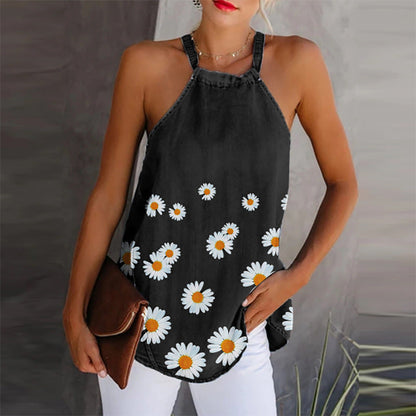 Top caraco femme – Denim léger – Coupe ample – Bretelles fines – Imprimé marguerites