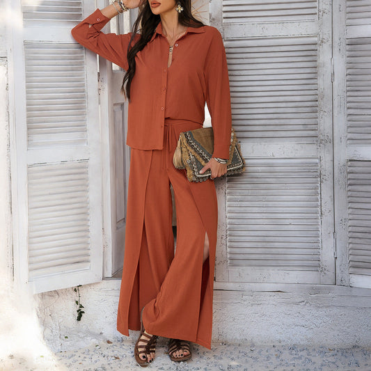 Ensemble Deux Pièces Femme – Chemise Ample Boutonnée – Pantalon Large Taille Haute