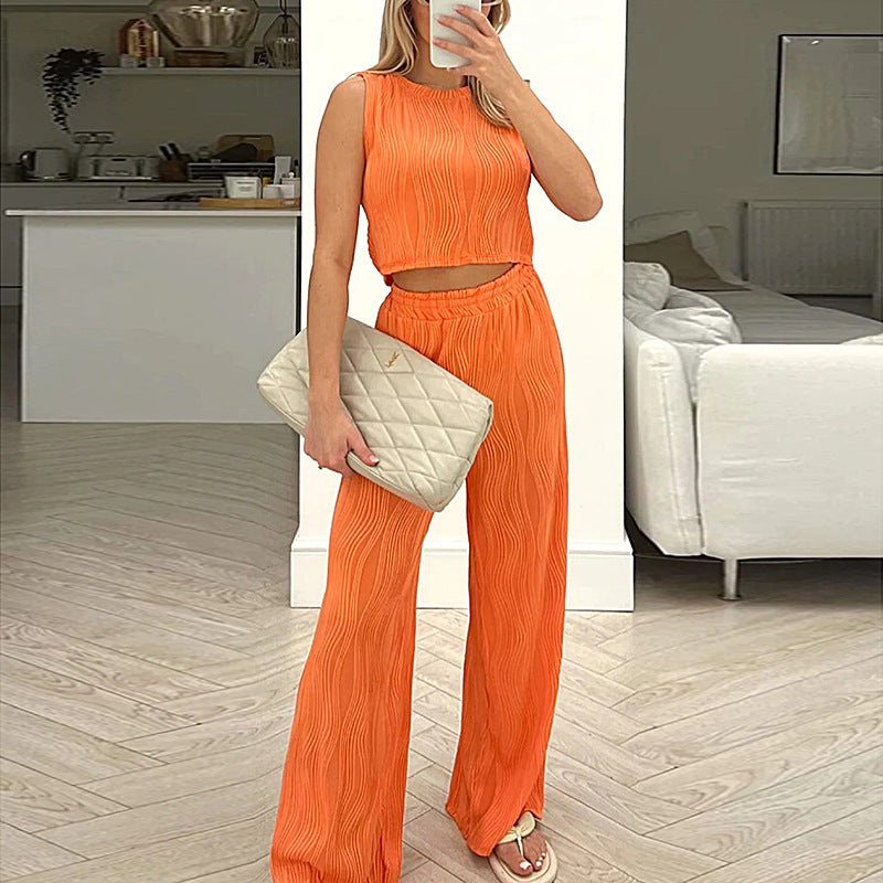 Ensemble femme deux pièces – Haut court sans manches – Pantalon taille haute droit côtelé