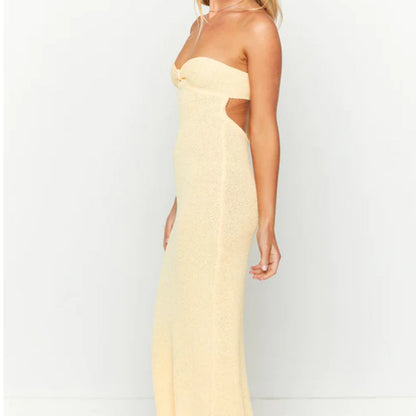 Robe femme – Maille douce – Coupe slim – Sans bretelles – Dos nu – Longue élégante