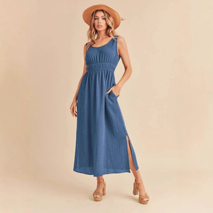 Robe Femme Sans Manches – Coupe Évasée – Tissu Respirant – Longueur Midi