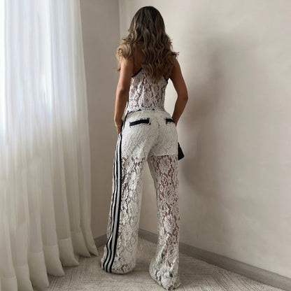 Ensemble deux pièces femme – Dentelle ajourée – Haut court à bretelles – Pantalon large à taille cordon