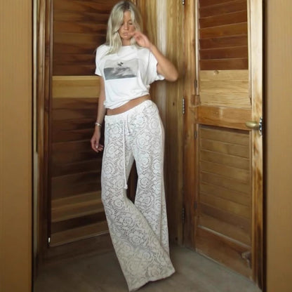 Pantalon Femme Large – Dentelle Transparente – Taille Élastique – Longueur Totale