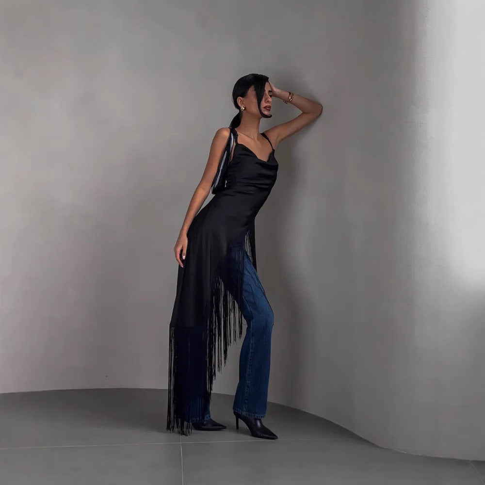 Haut sans manches femme – Coupe slim – Tissu fluide luxe – Décolleté V – Détail frangé